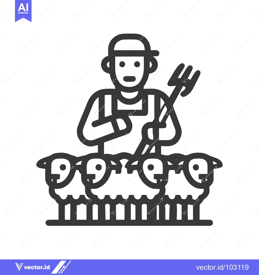Premium Vector of Monochrome Line Art Icon: Farmer with Pitchfork and Four Sheep, Symbol