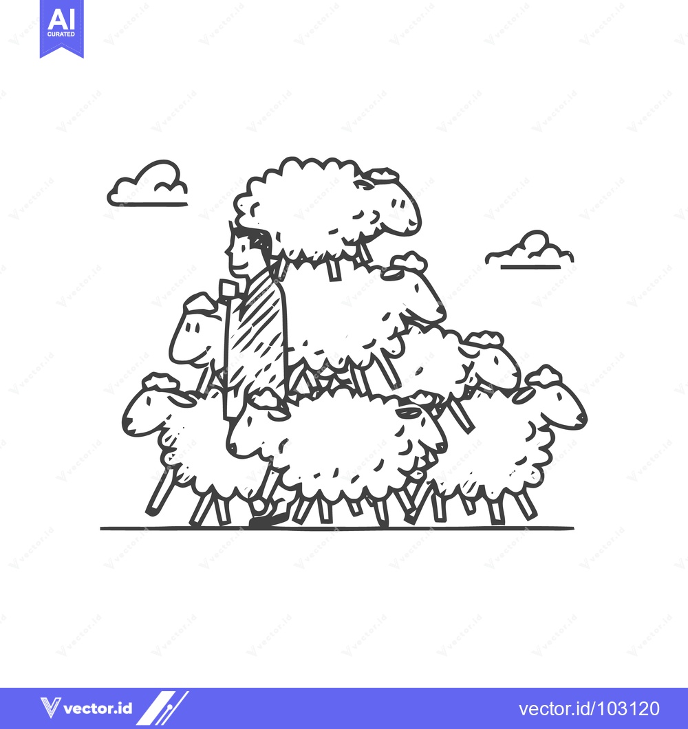 Premium Vector of Hand-drawn man engulfed by a dense flock of sheep, symbolizing conform