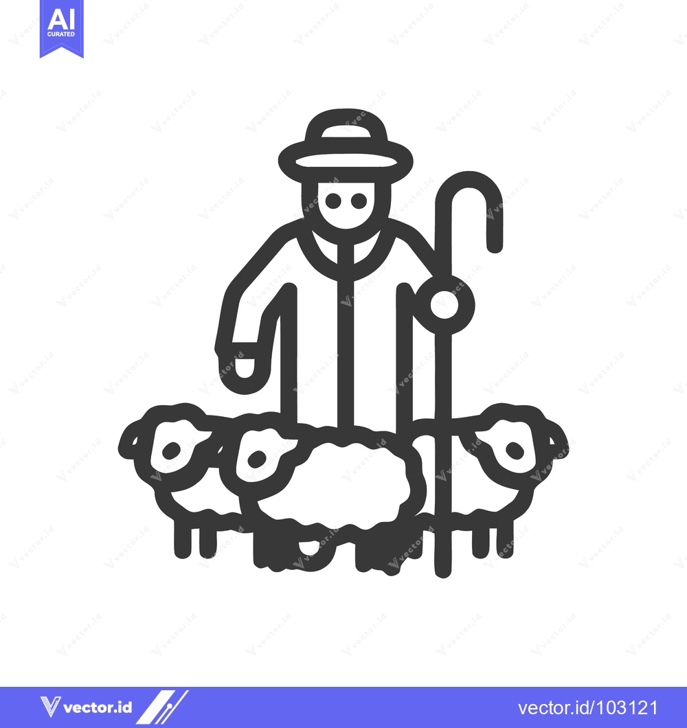 Premium Vector of Minimalist Line Art Shepherd Icon with Staff and Three Sheep, Symboliz