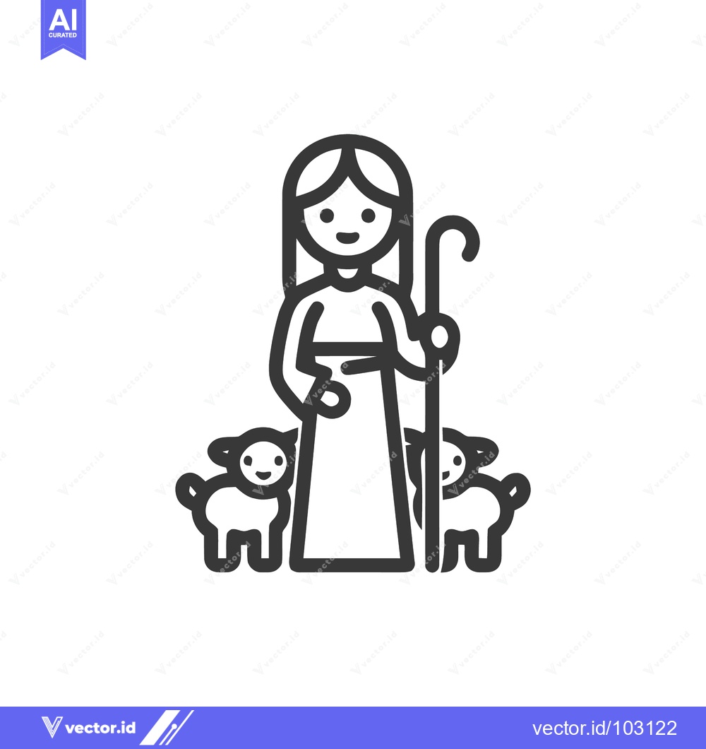 Premium Vector dari Caring Shepherdess with Two Smiling Lambs and Shepherd's Crook Line Ar