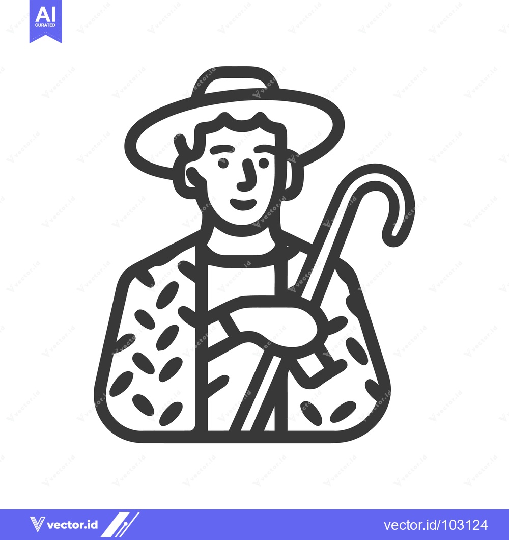 Premium Vector of Minimalist Line Art Icon of a Traditional Shepherd with Crook and Hat