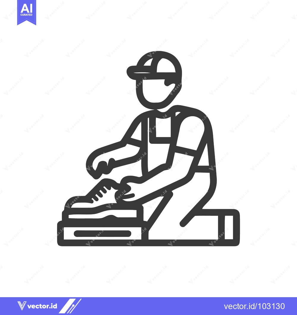 Premium Vector dari Minimalist Line Art Icon of Person Kneeling, Cleaning a Shoe with Brus