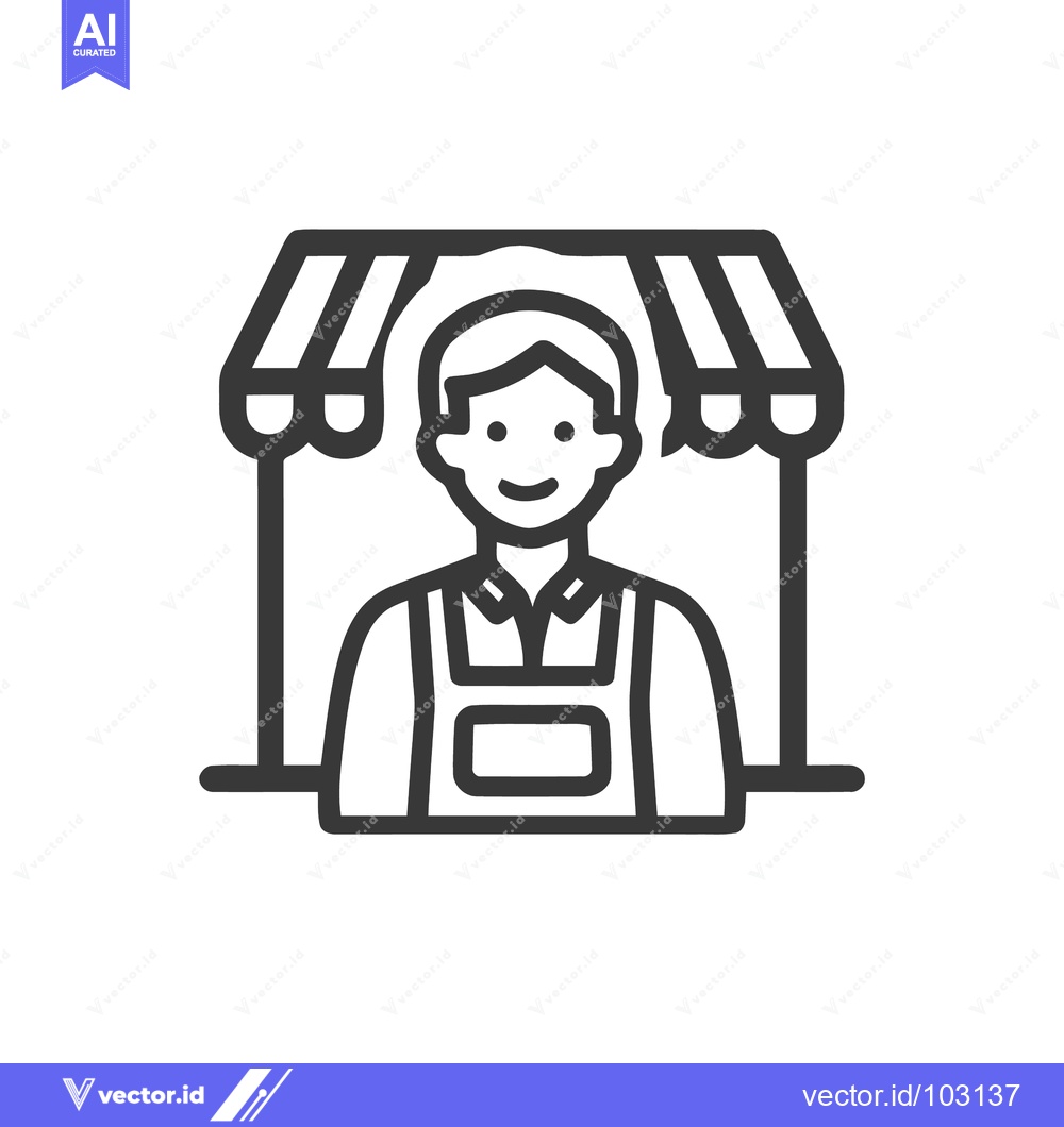 Premium Vector of Simple Line Icon of Happy Shopkeeper Under Awning for Retail Business