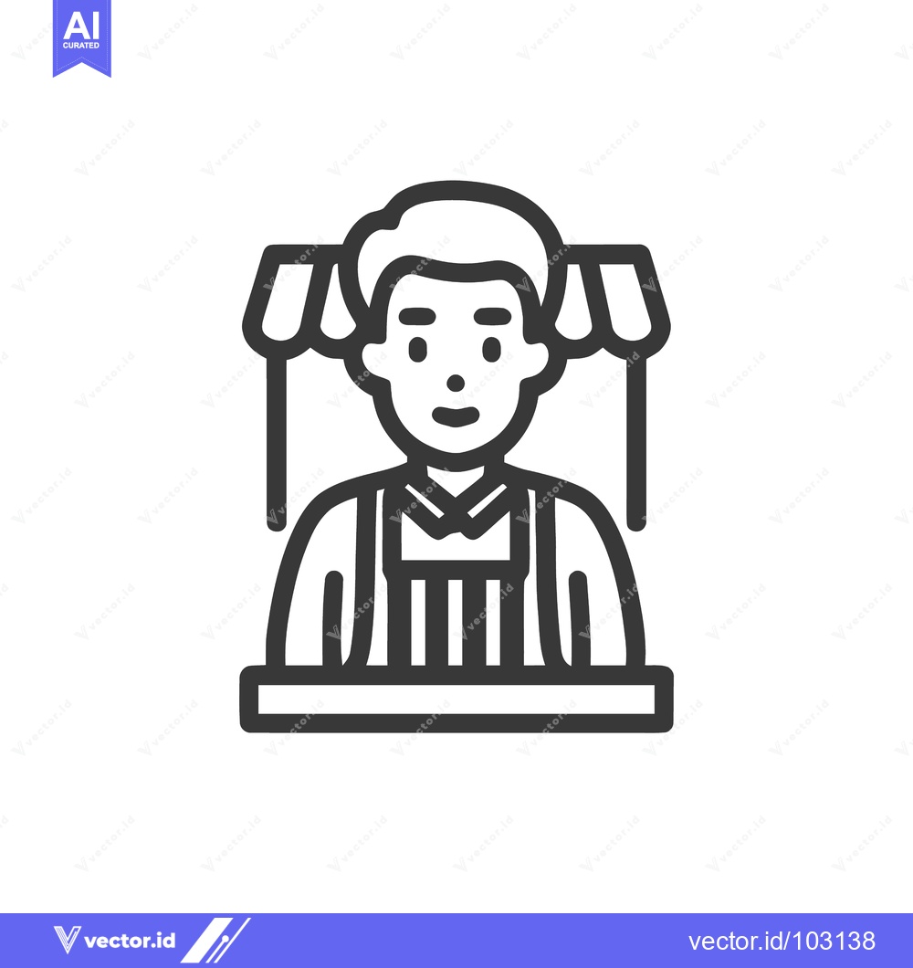Premium Vector dari Minimalist Line Art Icon: Male Vendor Behind Market Stall with Awning,