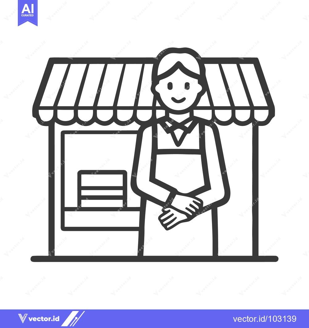 Premium Vector dari Smiling Shopkeeper at Market Stall Minimalist Black Line Art Icon