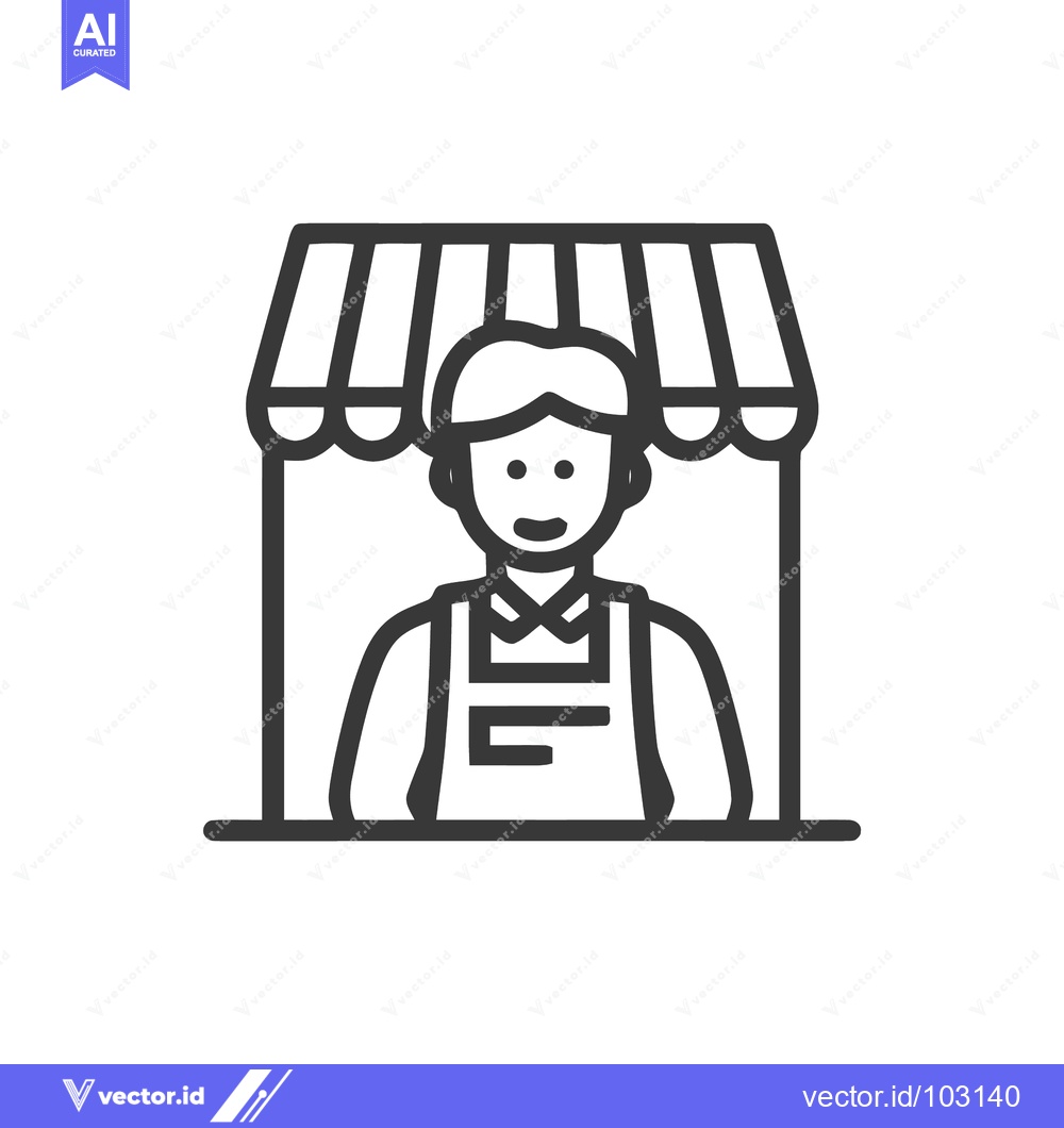 Premium Vector of Monochrome Line Icon of Smiling Vendor in Apron Under Striped Awning,