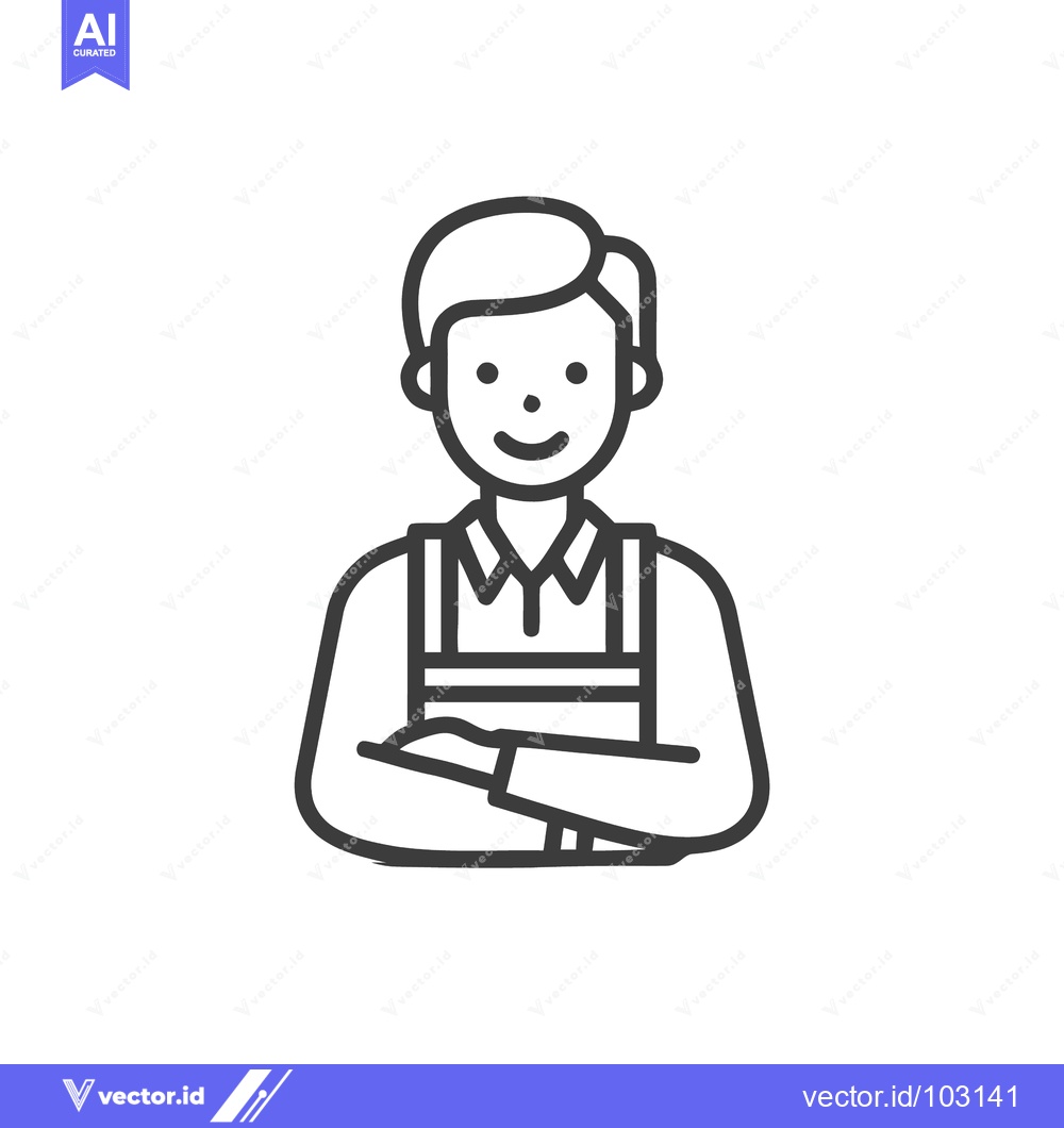Premium Vector of Friendly Male Worker Icon in Apron with Crossed Arms, Minimalist Line