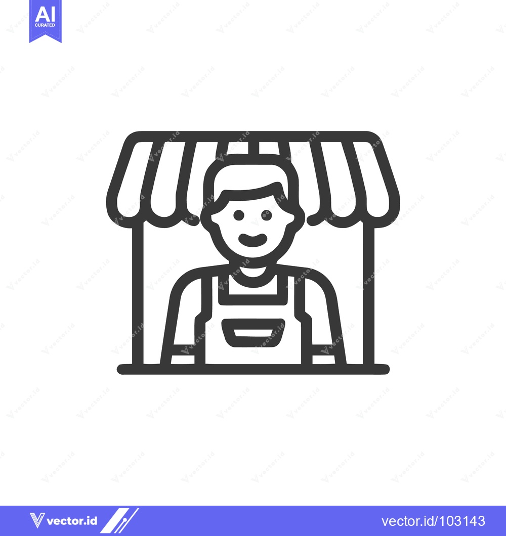 Premium Vector of Modern Line Art Icon of a Smiling Small Business Owner Under a Market