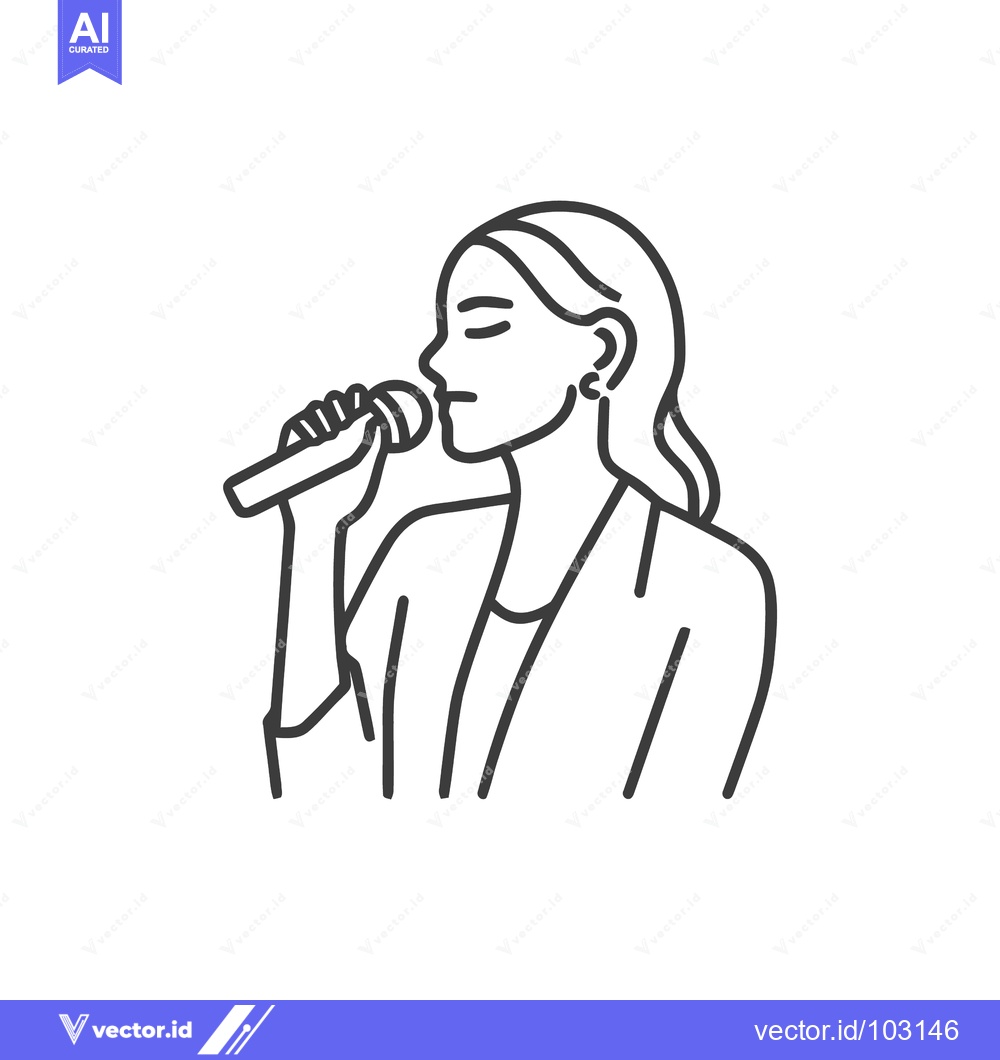 Premium Vector of Elegant Line Art of Female Singer with Microphone, Eyes Closed in Perf
