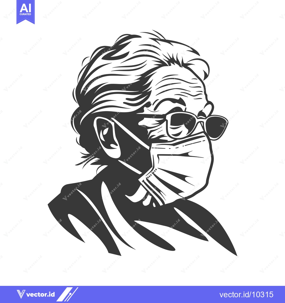 Premium Vector dari A black and white illustration of an elderly woman wearing a face mask
