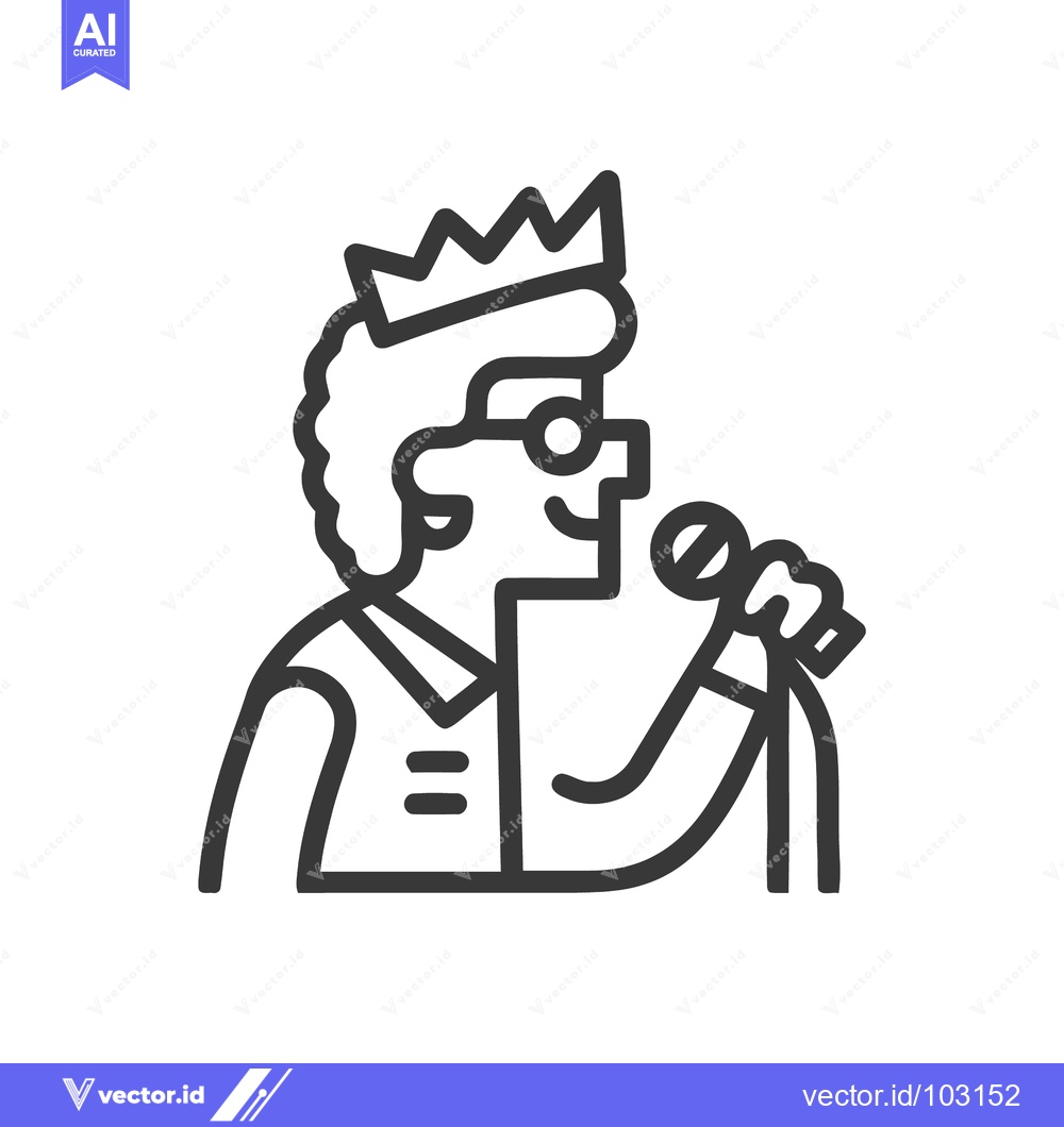 Premium Vector of Cheerful Crowned Singer with Microphone, Simple Line Art Icon for Perf