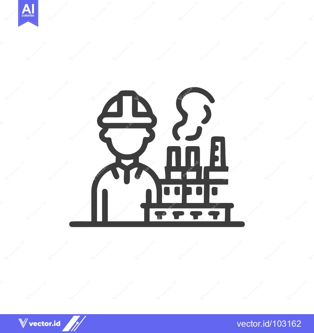 Premium Vector of Outline Icon of Industrial Worker in Hard Hat with Factory and Smoking