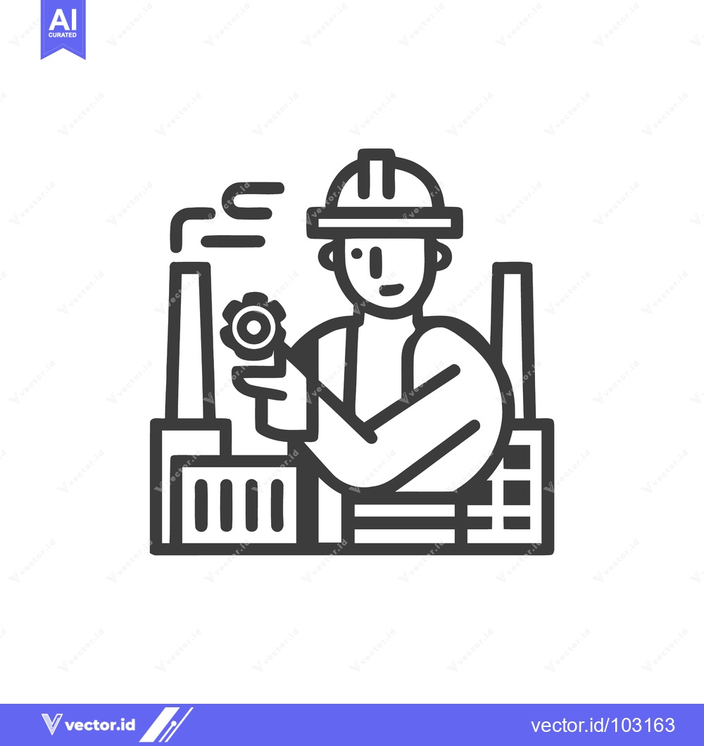 Premium Vector dari Monochrome Line Art Icon of Industrial Worker in Hard Hat Holding Gear