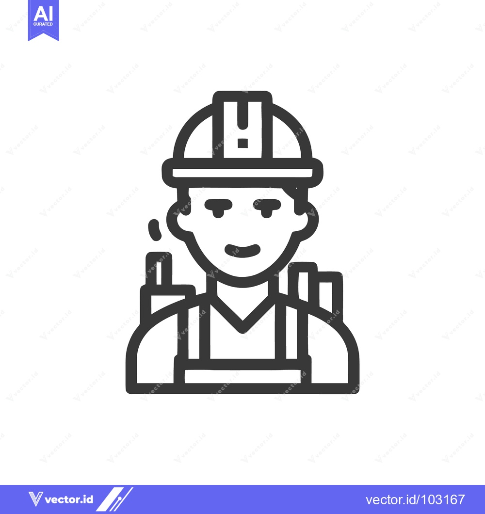 Premium Vector of Smiling Male Worker Outline Icon in Hard Hat and Overalls, Industrial