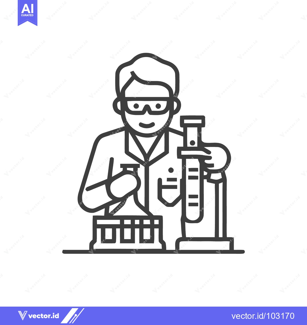 Premium Vector dari Smiling Line Art Scientist Icon with Lab Flask and Test Tube Rack, Min
