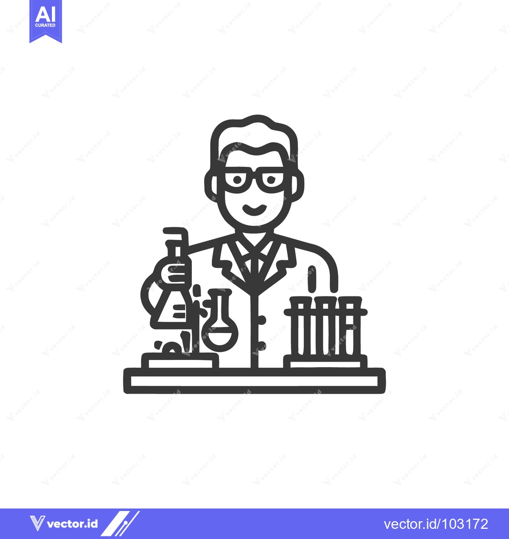 Premium Vector dari Smiling Male Scientist Icon with Lab Coat and Beakers, Outline Vector