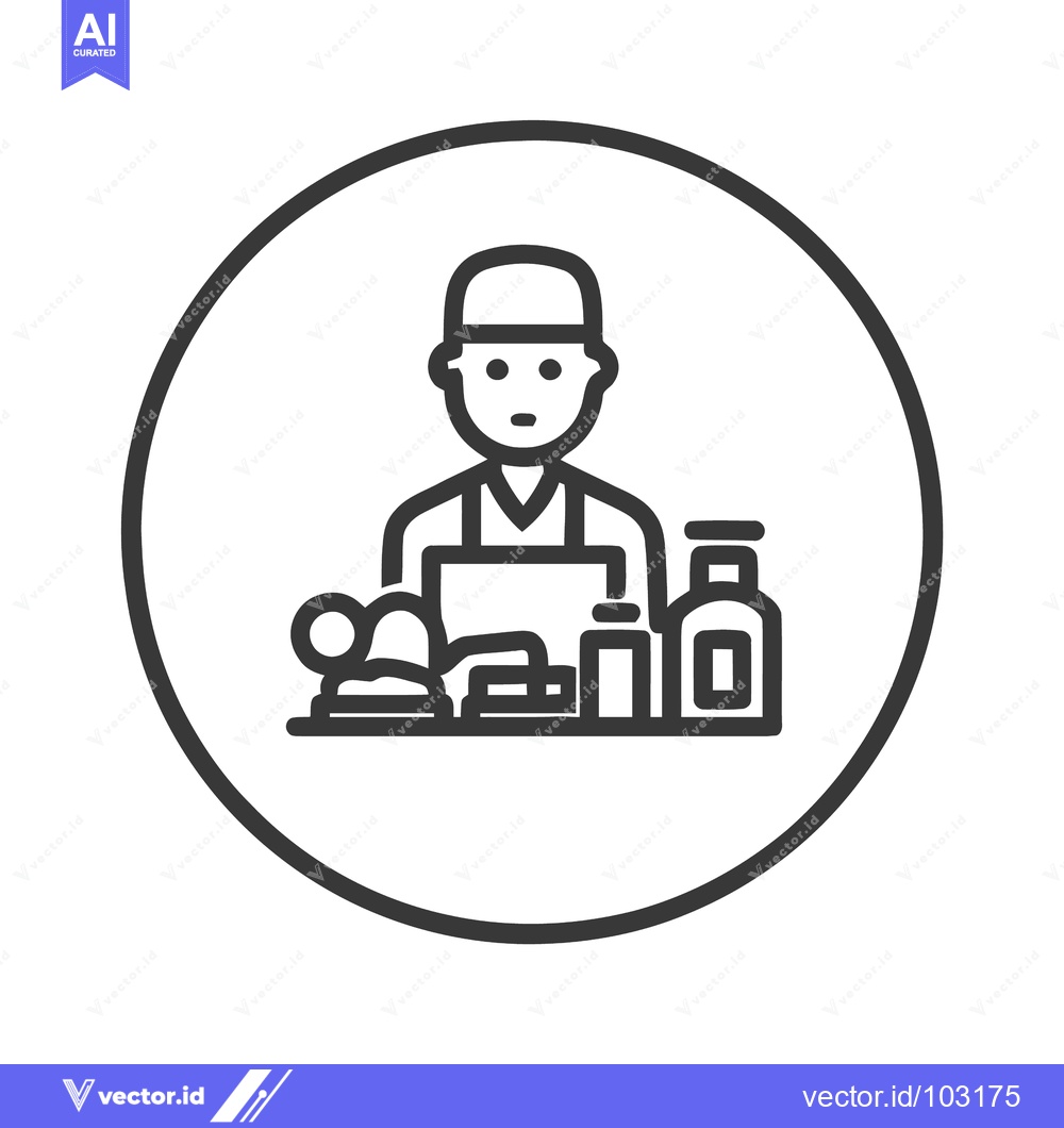 Premium Vector of Minimalist Line Icon of Barista or Shop Assistant with Laptop and Prod