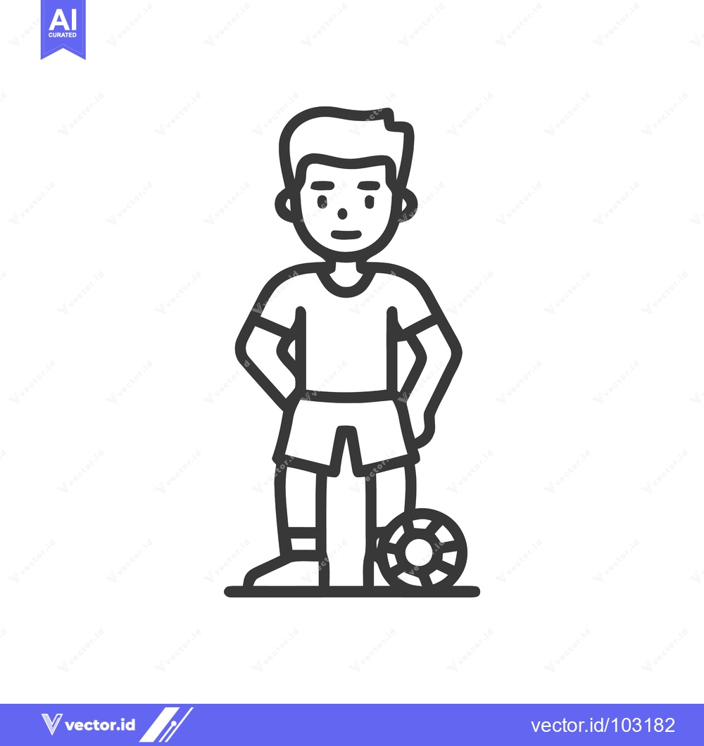 Premium Vector of Monochrome Line Art Icon of a Young Soccer Player Standing with Ball
