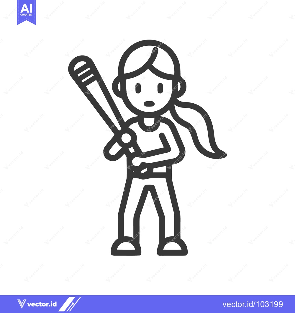 Premium Vector dari Minimalist Line Art Icon of a Female Baseball Player Holding a Bat, Re