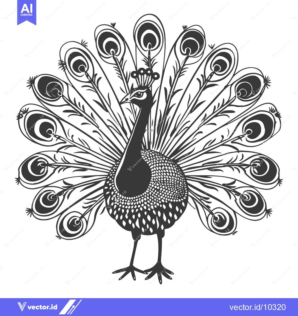 Premium Vector dari A black and white illustration of a peacock with its tail feathers spr