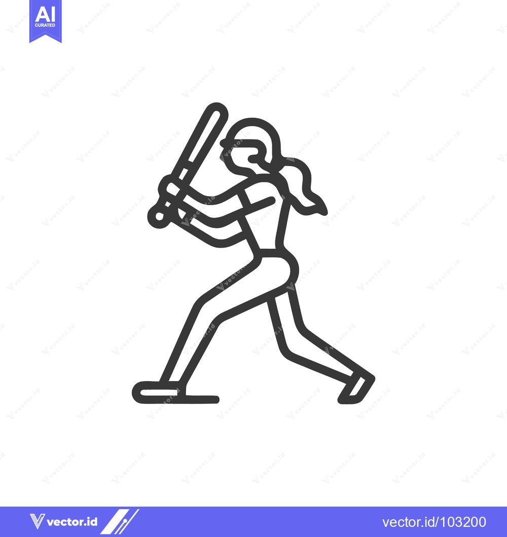 Premium Vector dari Dynamic Monochrome Line Art Icon of Female Baseball Player in Powerful