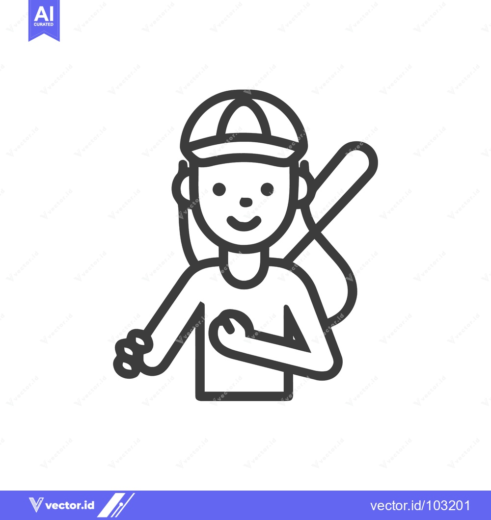 Premium Vector of Smiling Baseball Player Line Art Icon with Bat and Cap