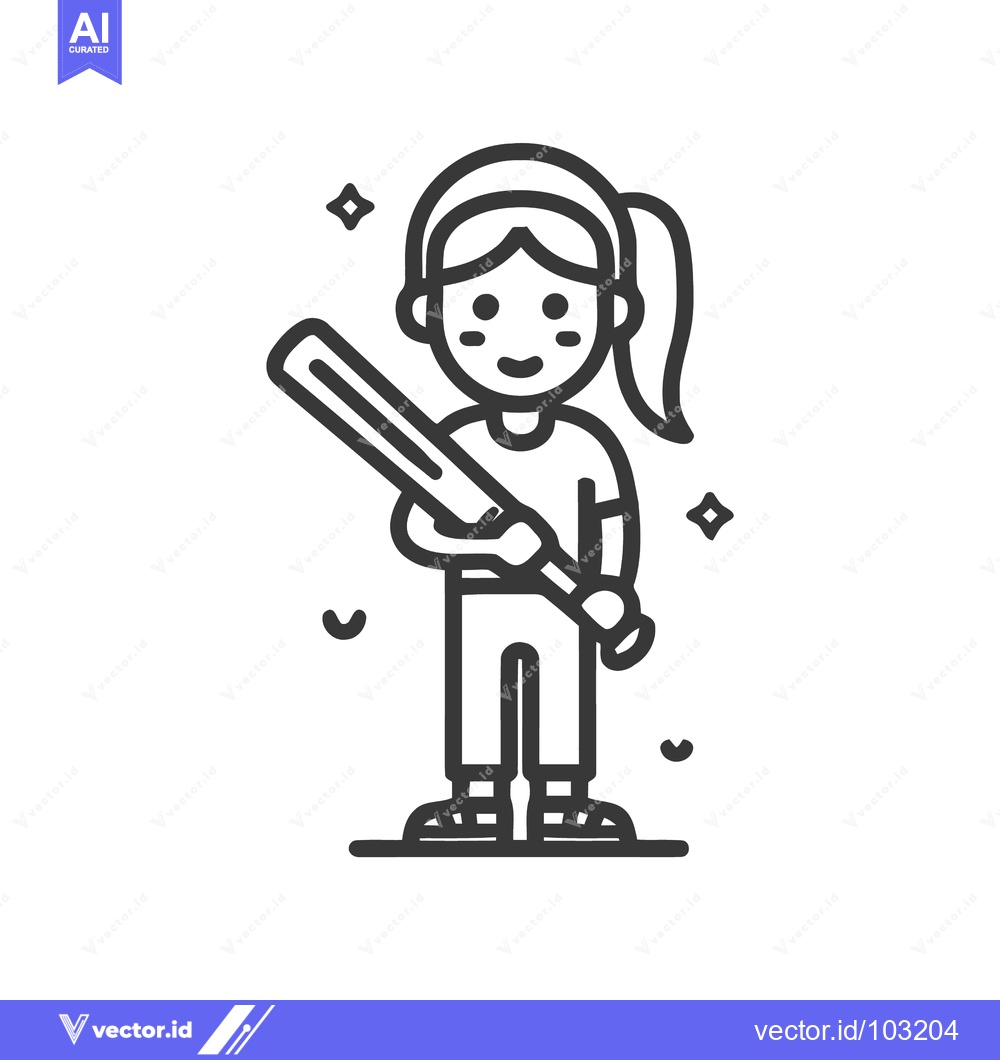 Premium Vector of Sparkling Line Art Girl with Baseball Bat Icon, Cheerful Sporty Vector