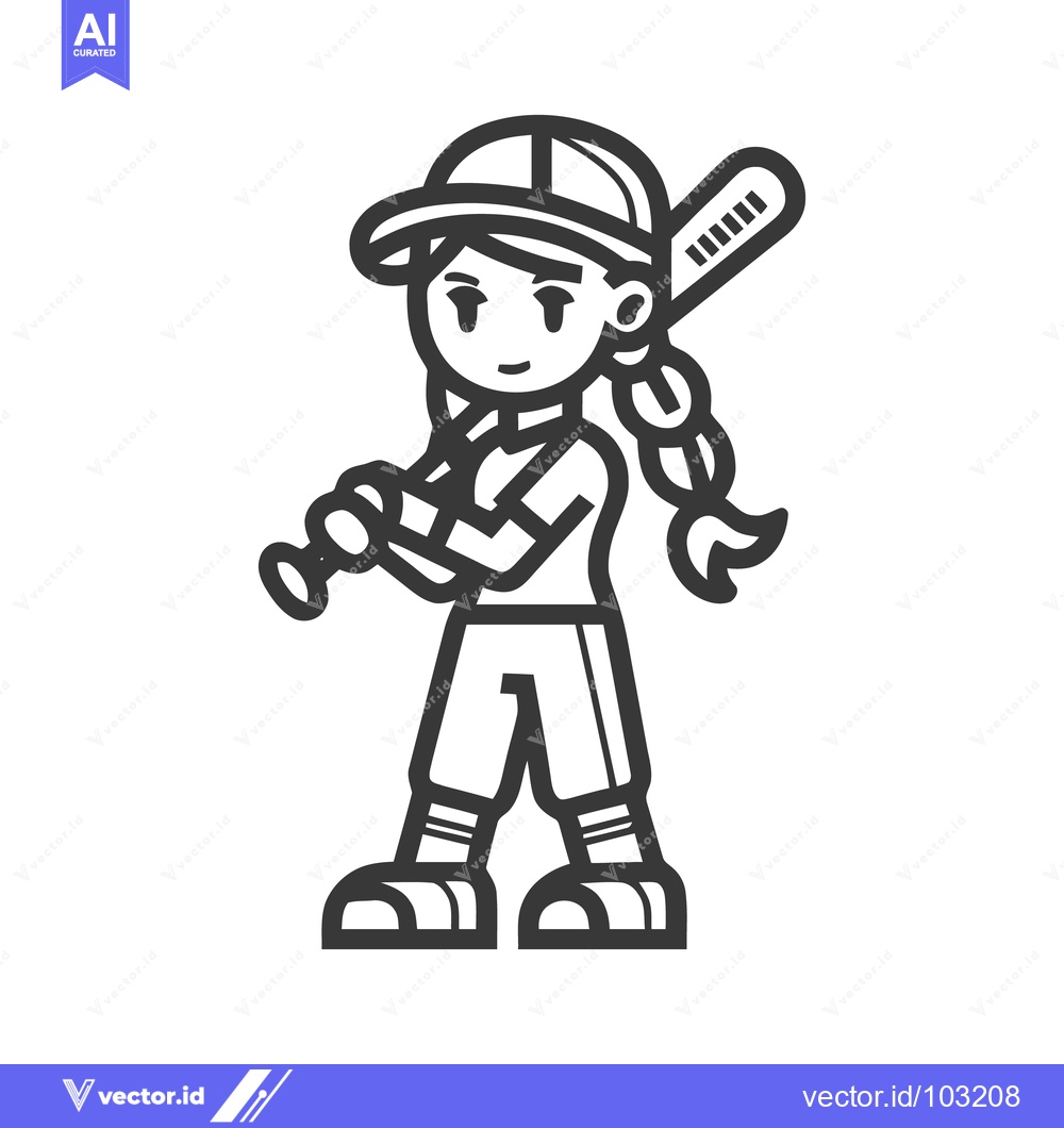 Premium Vector of Sporty Girl Baseball Player in Batting Stance, Dynamic Monochrome Line
