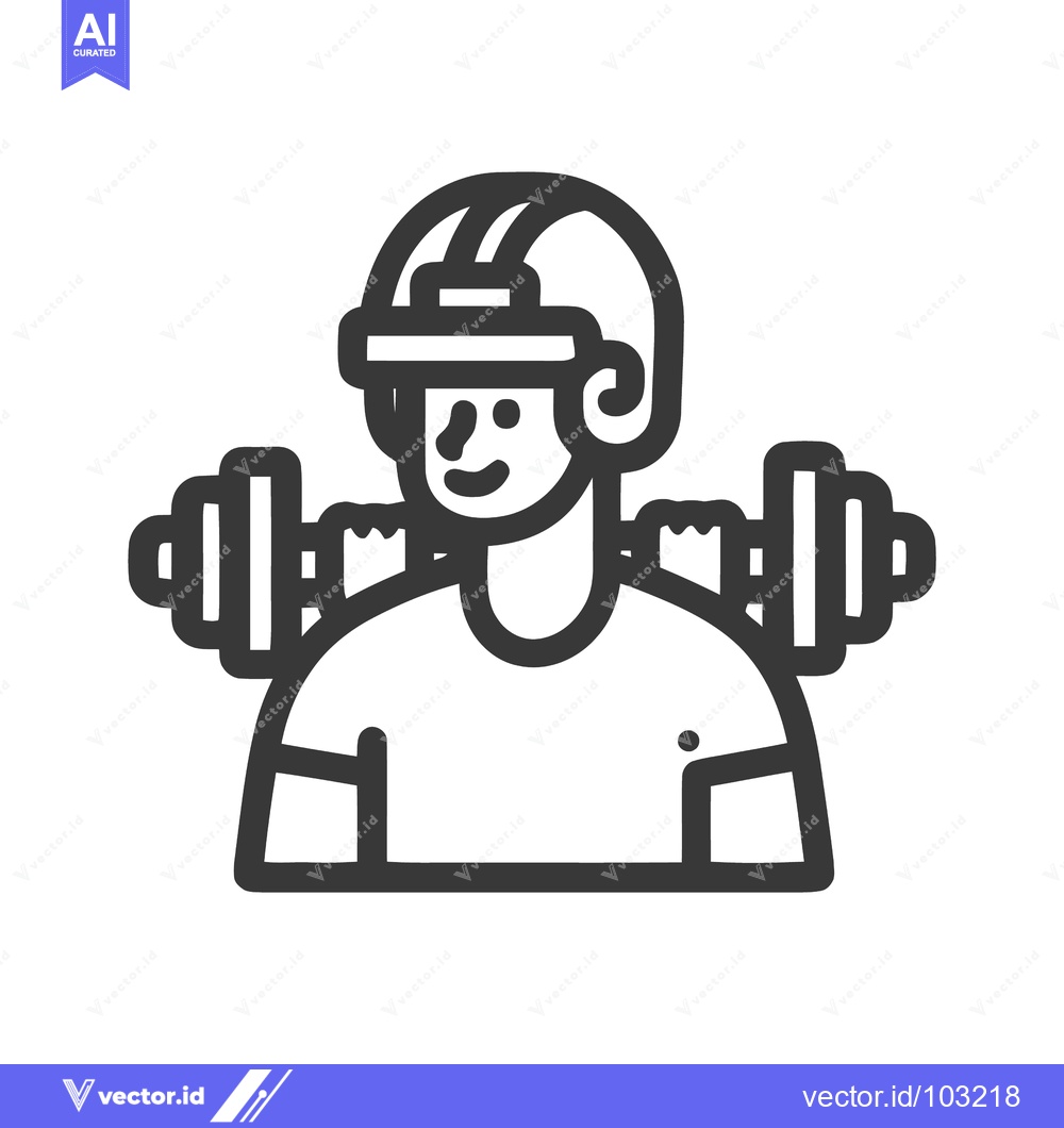 Premium Vector of Futuristic Fitness Icon: Smiling Person in VR Headset with Barbell, Re