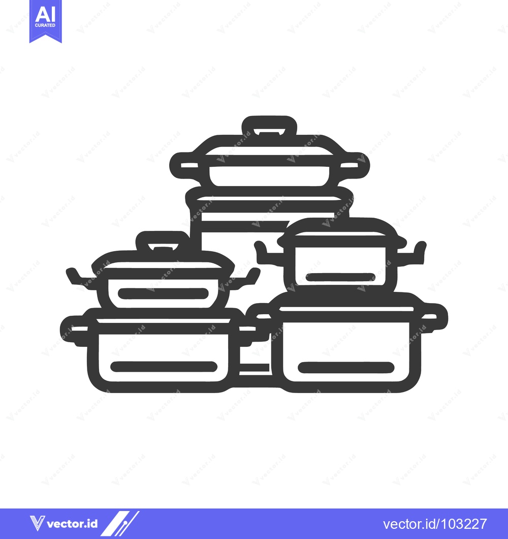 Premium Vector of Minimalist Line Art Icon of Three Cooking Pots and Pans Set for Kitche