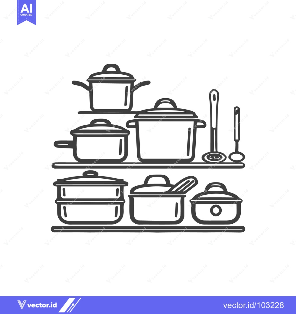 Premium Vector dari Minimalist Kitchenware Shelf Line Art: Organized Pots, Pans, and Utens