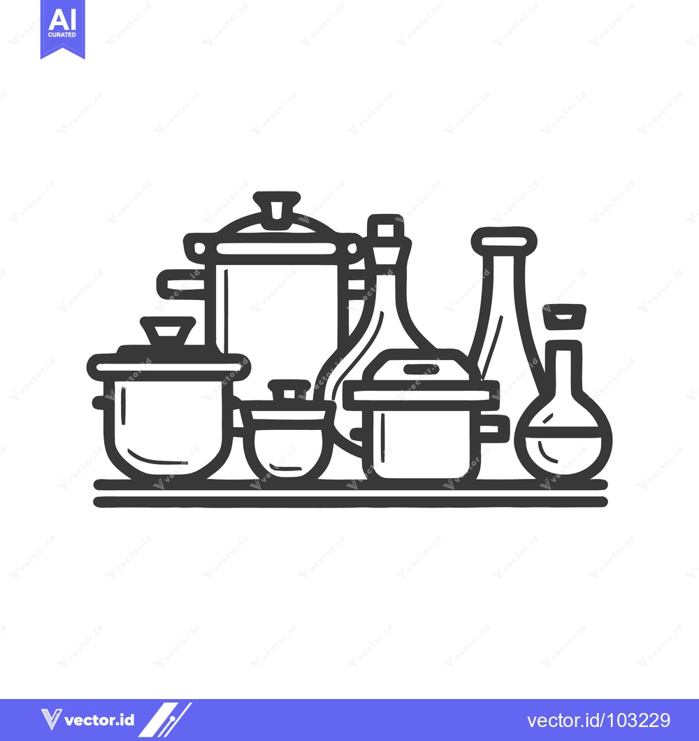 Premium Vector dari Clean Line Art Icon: Assorted Kitchen Pots, Bottles, and Laboratory Gl