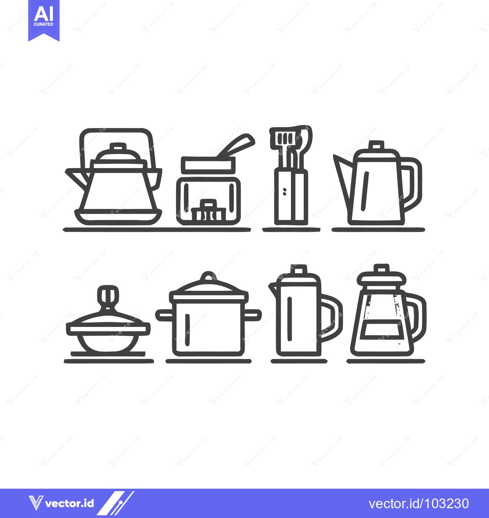 Premium Vector of Minimalist Kitchenware Line Art Icons Set: Kettle, Pots, Utensils, and