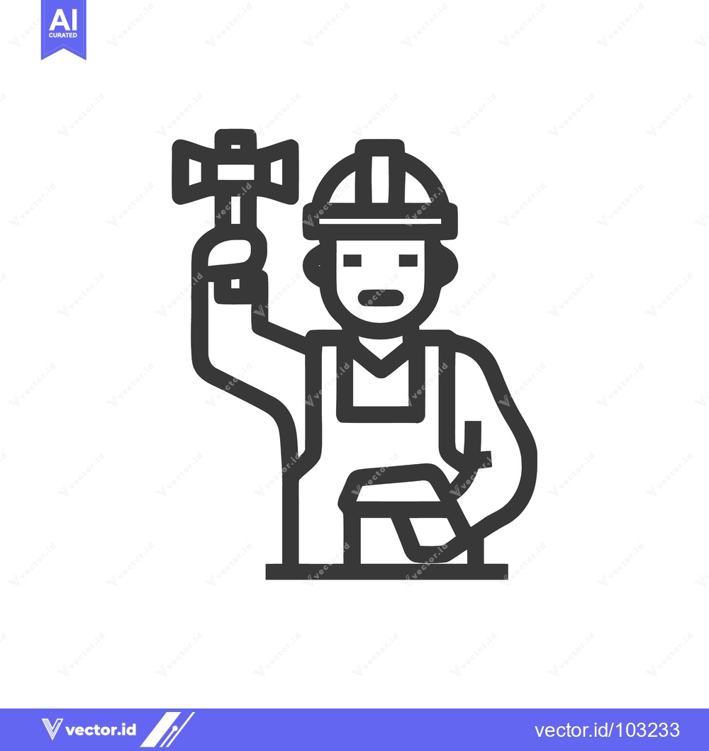 Premium Vector of Bold Line Art Icon: Worker in Hard Hat with Raised Hammer, Symbolizing