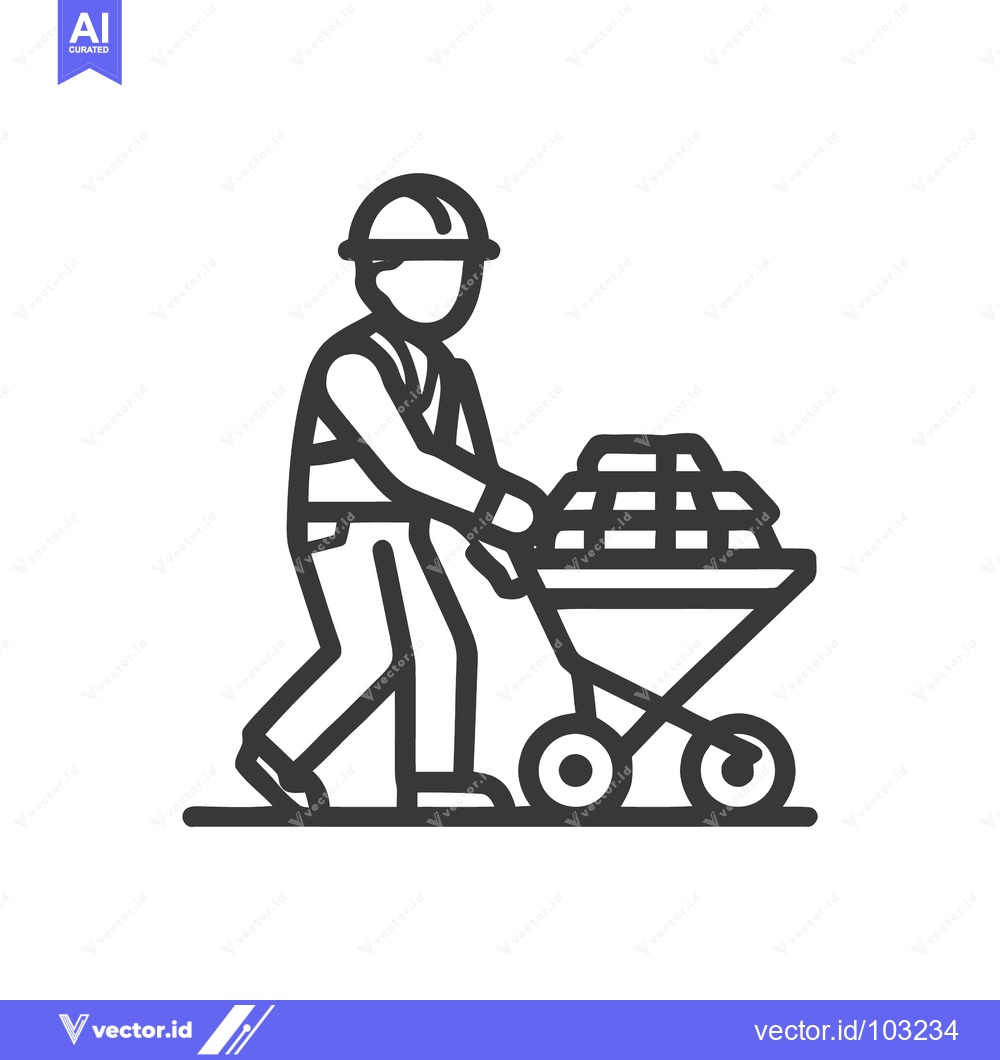Premium Vector of Minimalist Line Art Icon: Construction Worker Pushing Wheelbarrow with