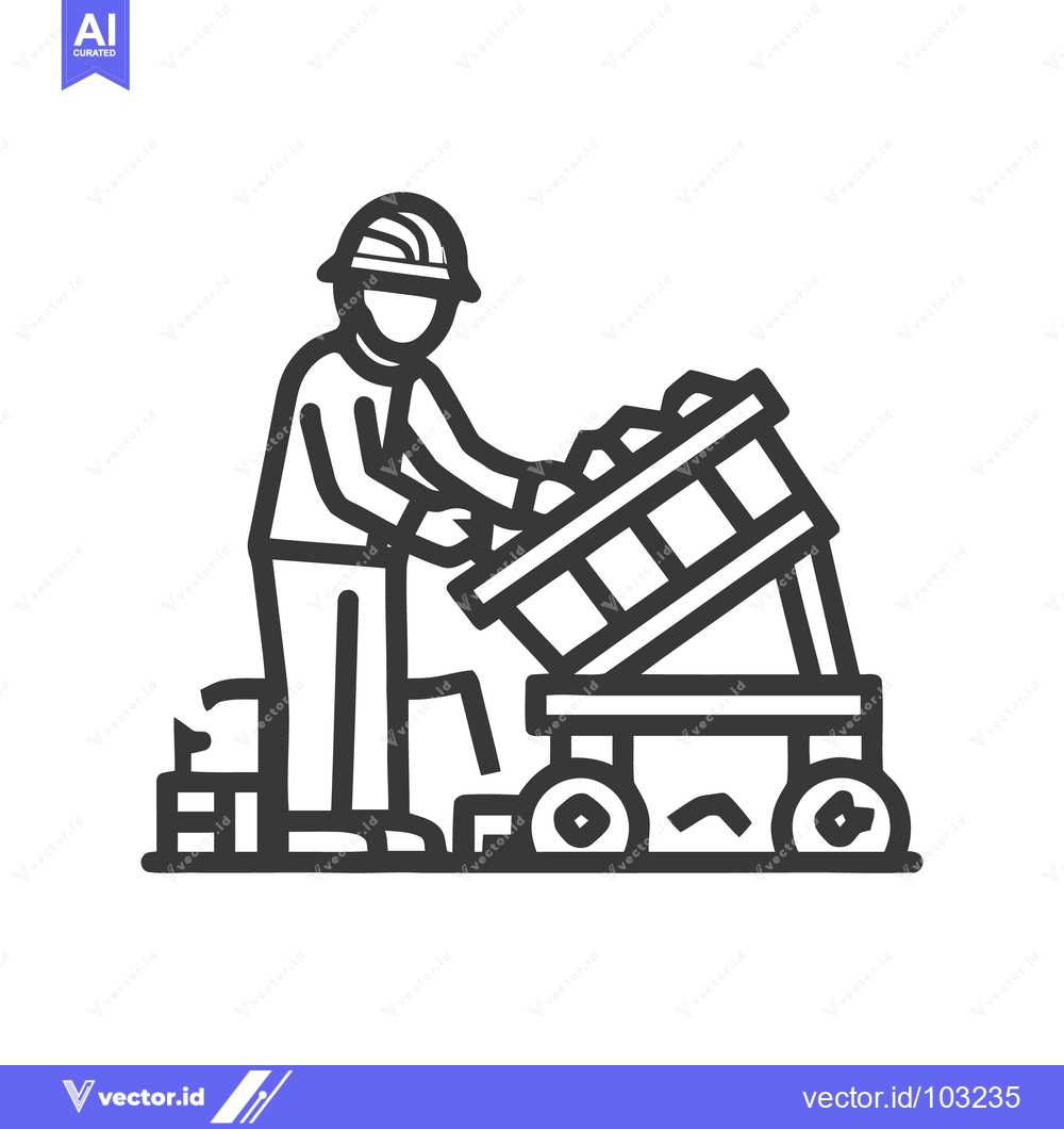 Premium Vector dari Simple Line Art Icon of Worker in Hard Hat Operating Tilted Mining Car