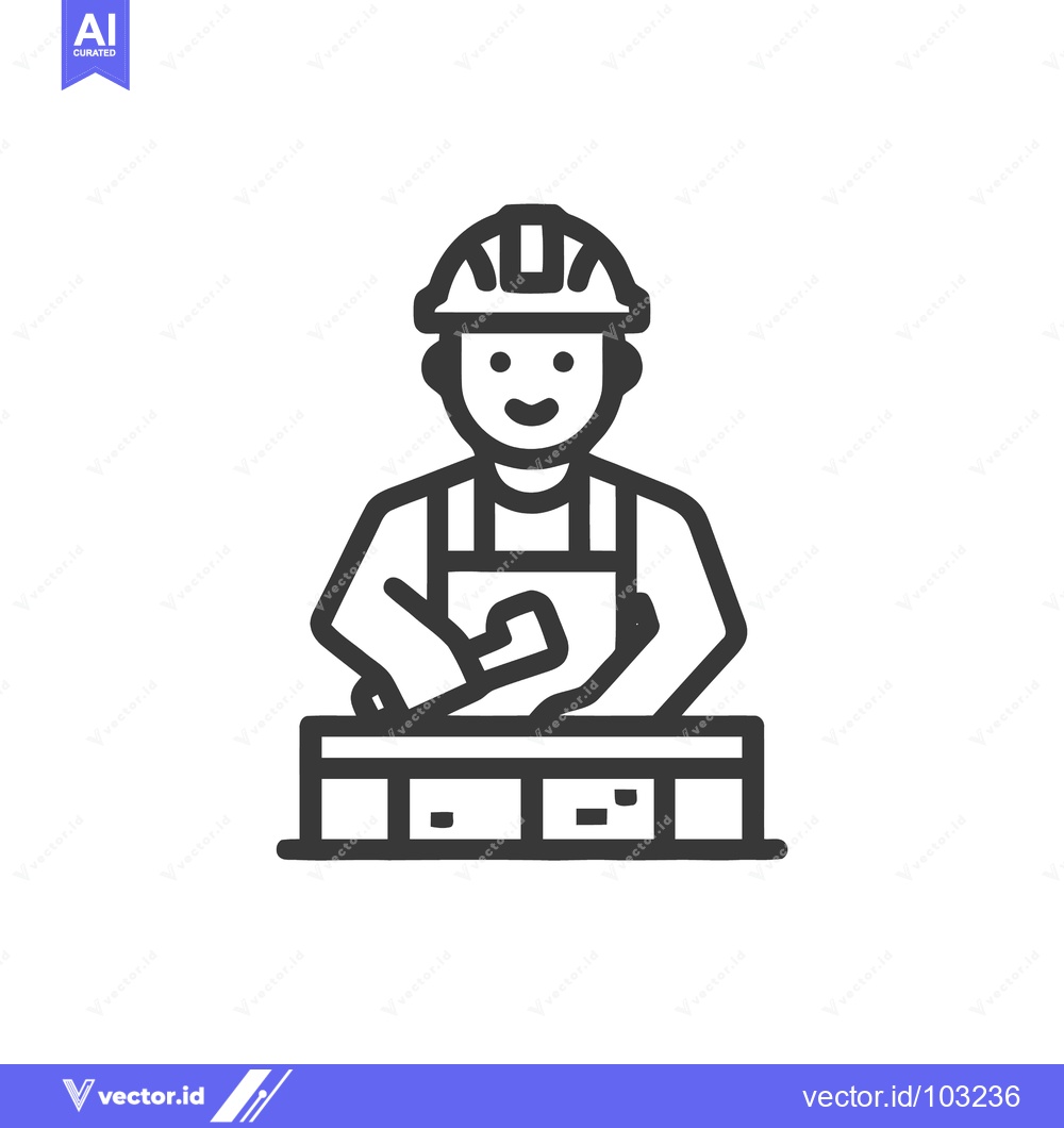 Premium Vector dari Smiling Construction Worker Icon Laying Bricks with Trowel in Simple L