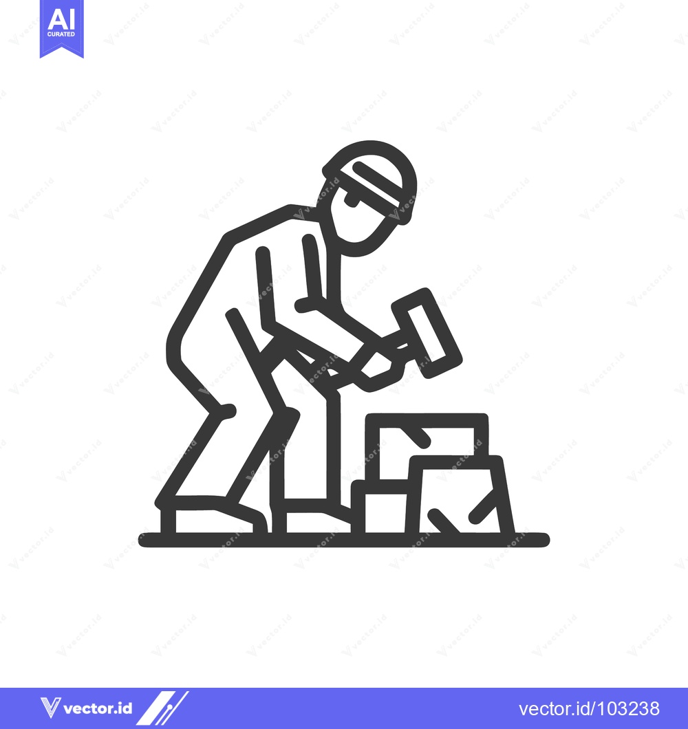 Premium Vector dari Minimalist Line Art Icon of Construction Worker Hammering Stone Blocks