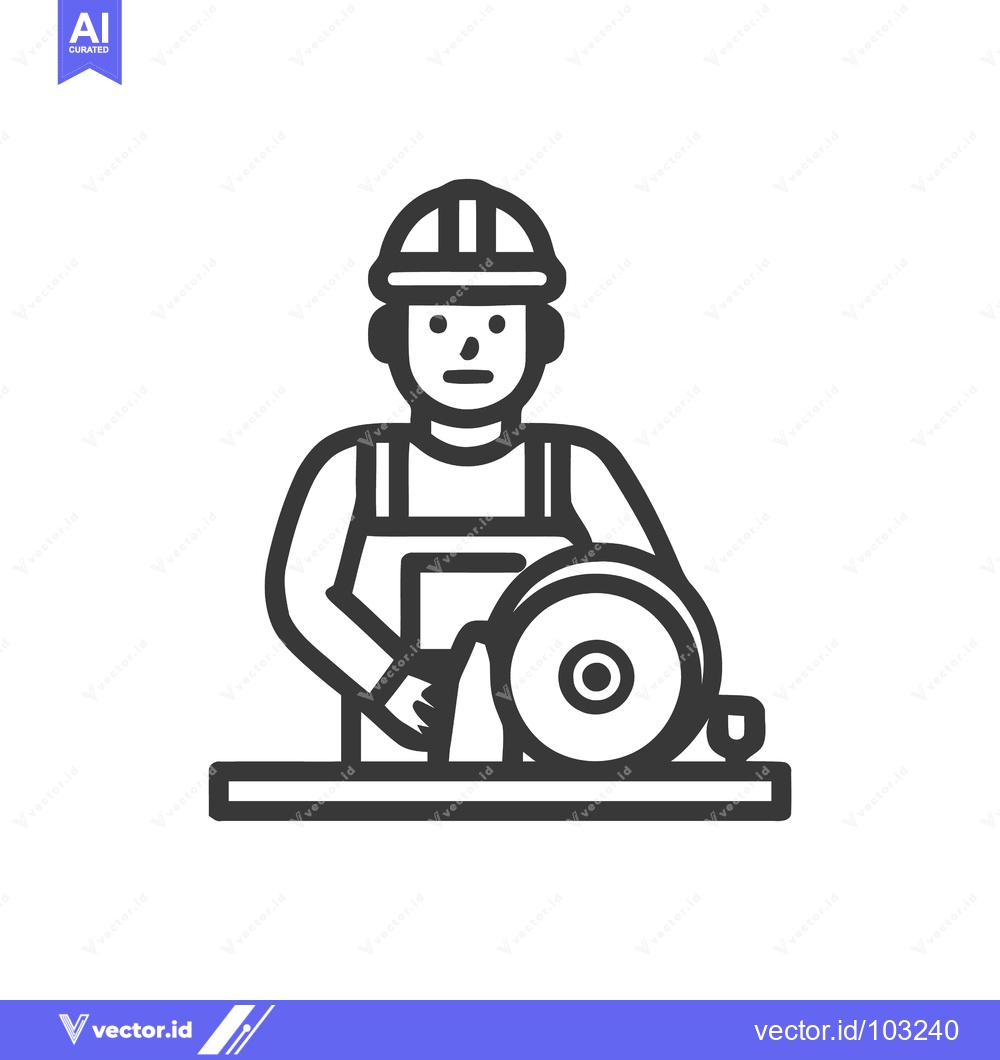 Premium Vector dari Minimalist Line Art Icon of Construction Worker Operating Circular Saw