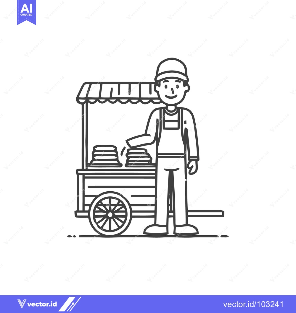 Premium Vector dari Smiling Street Food Vendor with Pushcart Line Art Illustration