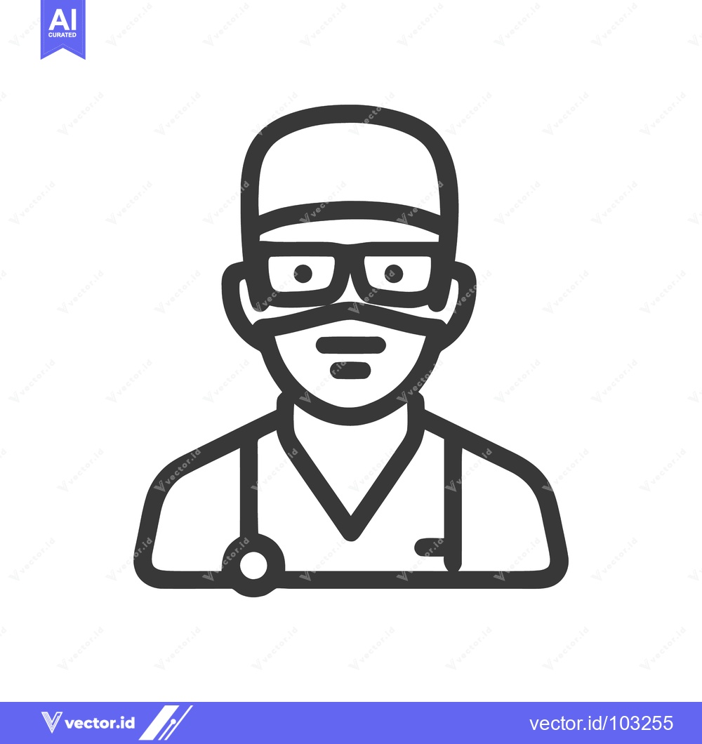 Premium Vector of Minimalist Line Icon of Medical Professional with Surgical Mask, Cap,