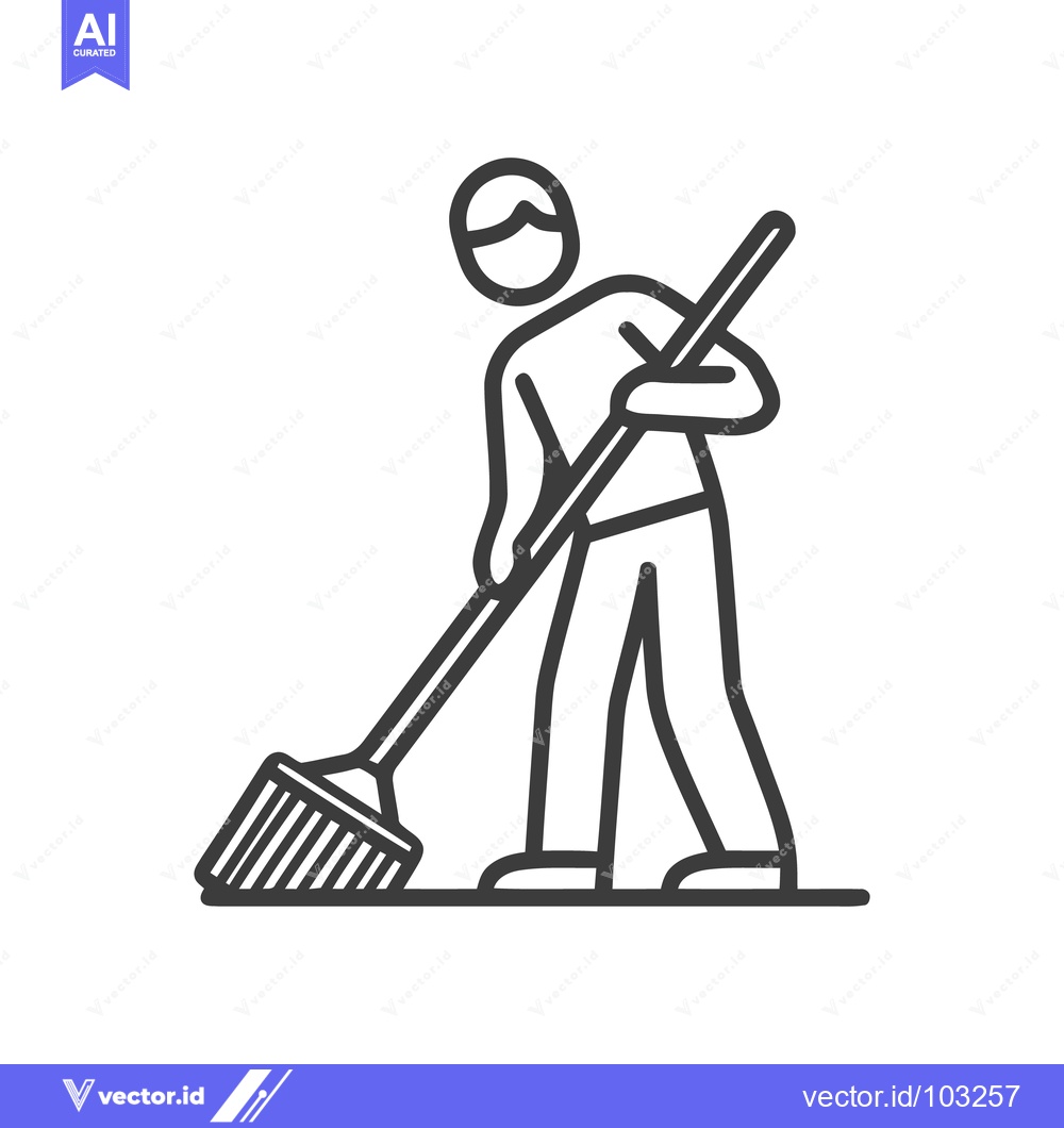 Premium Vector of Cleanliness Concept: Minimalist Line Art Icon of Person Sweeping Floor