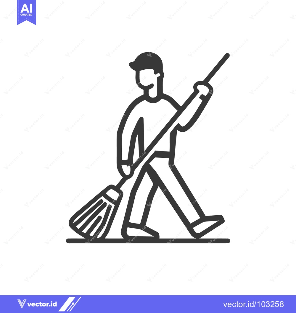 Premium Vector of Minimalist Line Art Icon of a Person Walking with a Broom, Symbolizing