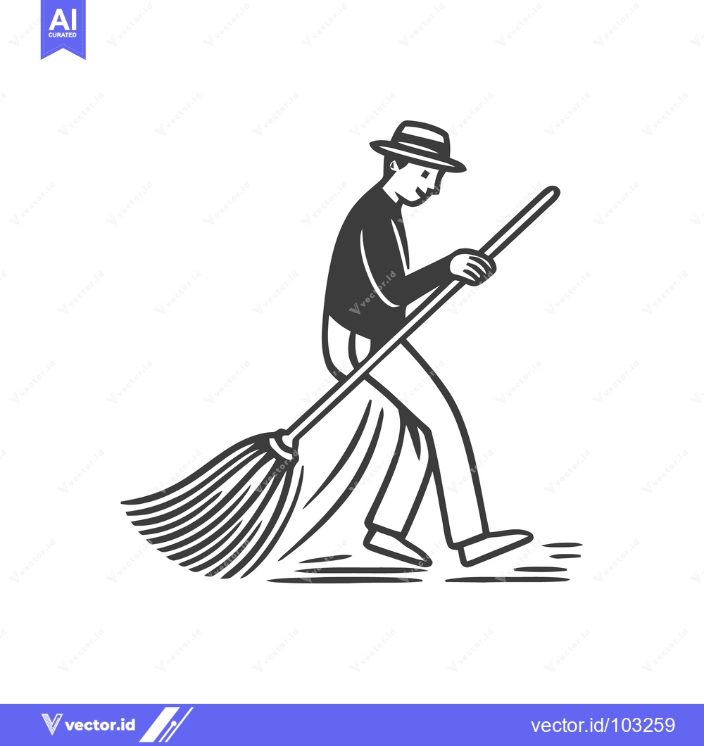 Premium Vector of Stylized Monochrome Illustration of a Man in a Fedora Sweeping with a