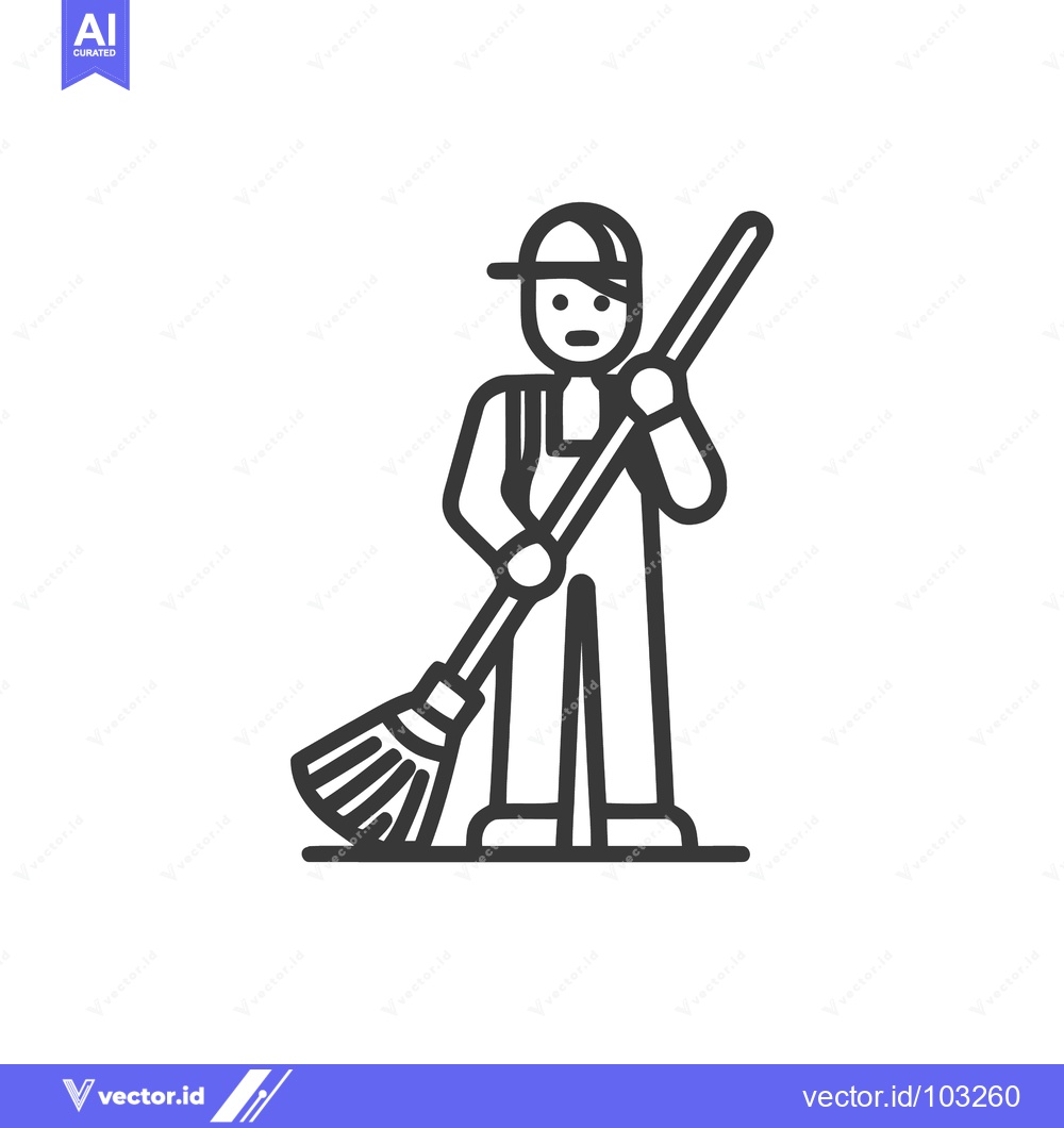 Premium Vector dari Minimalist Line Art Icon of a Janitor Sweeping with a Broom, Represent