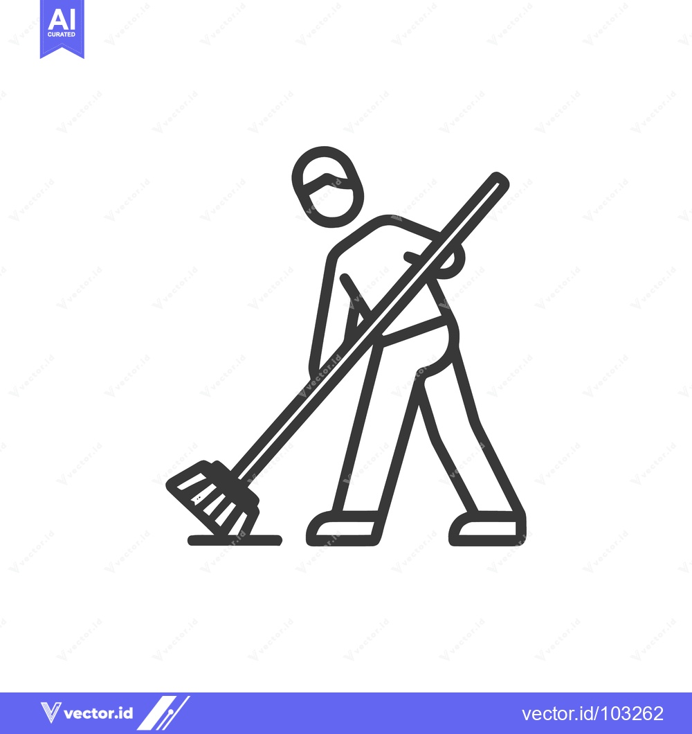 Premium Vector dari Minimalist Line Art Icon of a Person Sweeping with a Broom, Representi