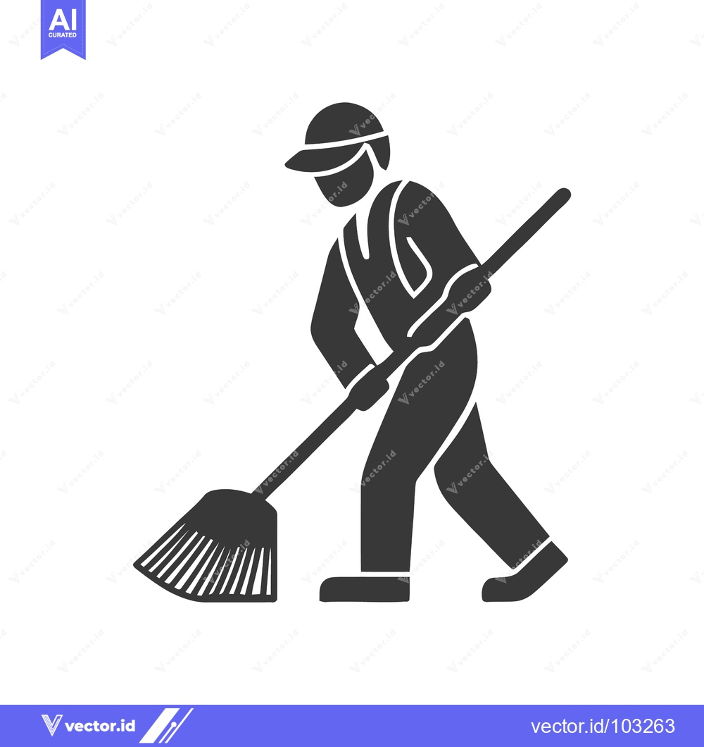 Premium Vector dari Minimalist Black Silhouette Icon of a Worker Sweeping with a Broom, Cl