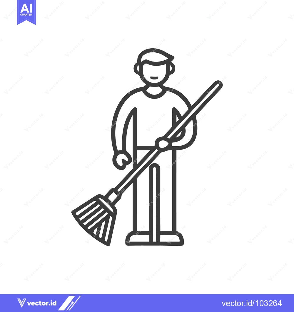 Premium Vector dari Minimalist Line Art Icon of Person Holding Broom, Symbolizing Cleaning