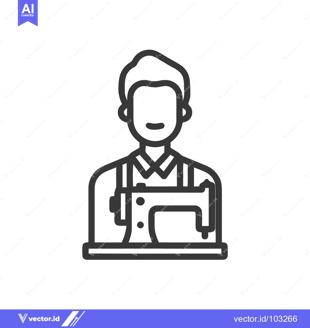 Premium Vector of Smiling Person with Sewing Machine Line Art Icon, Tailor or Seamster S