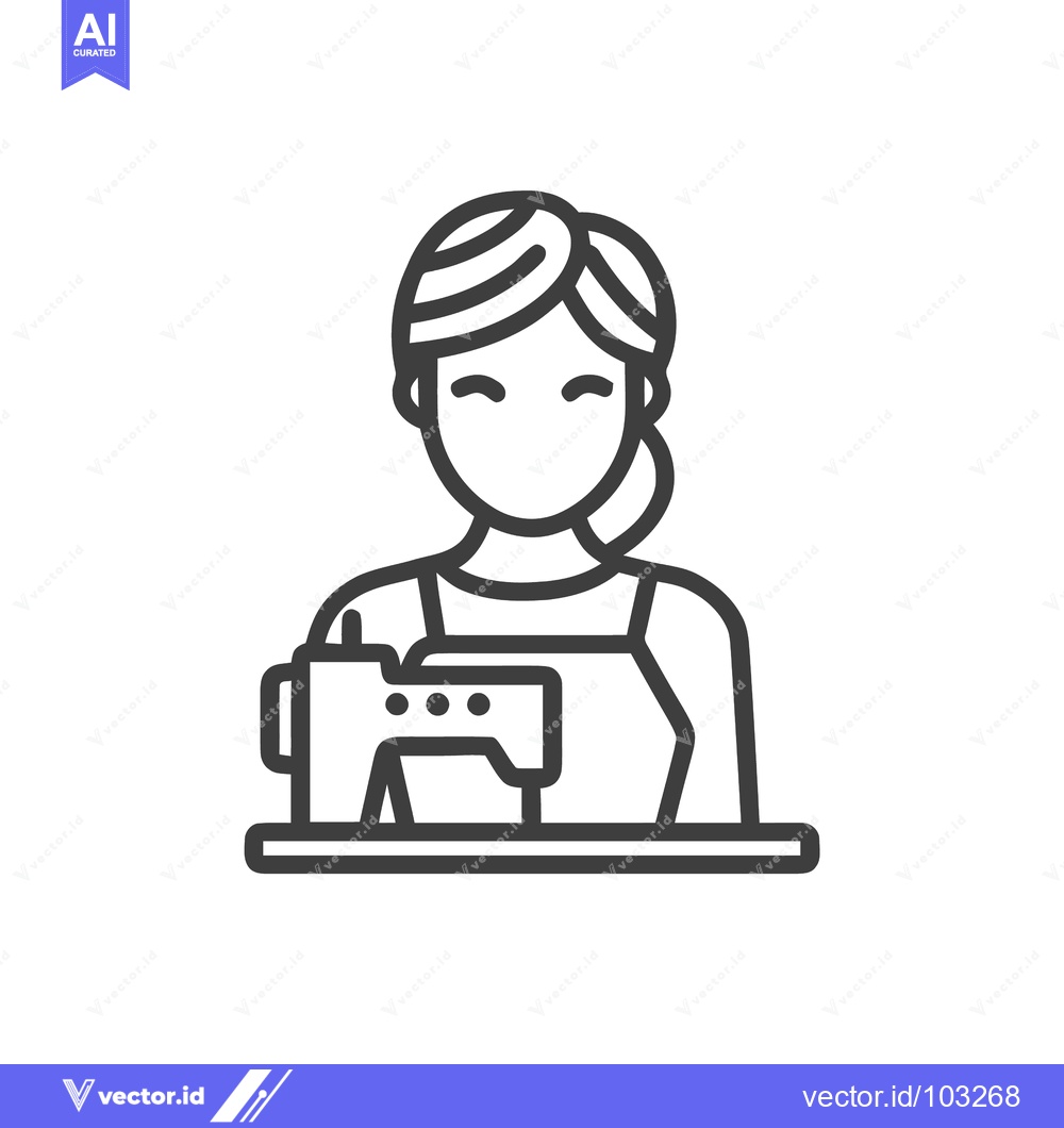 Premium Vector of Clean Line Art Icon of Woman Seamstress Operating Sewing Machine, Craf